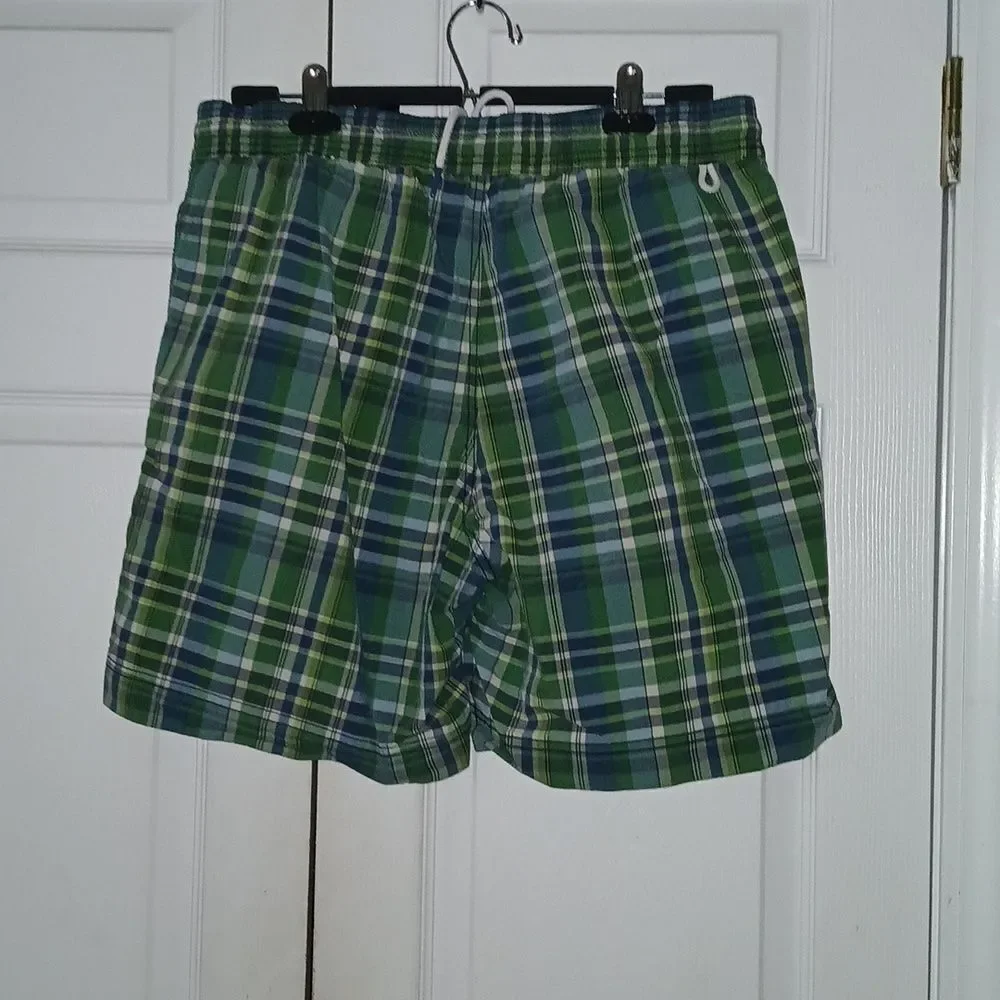 Tommy Hilfiger green blue plaid swim trunks bathing suit Sz L NWOT